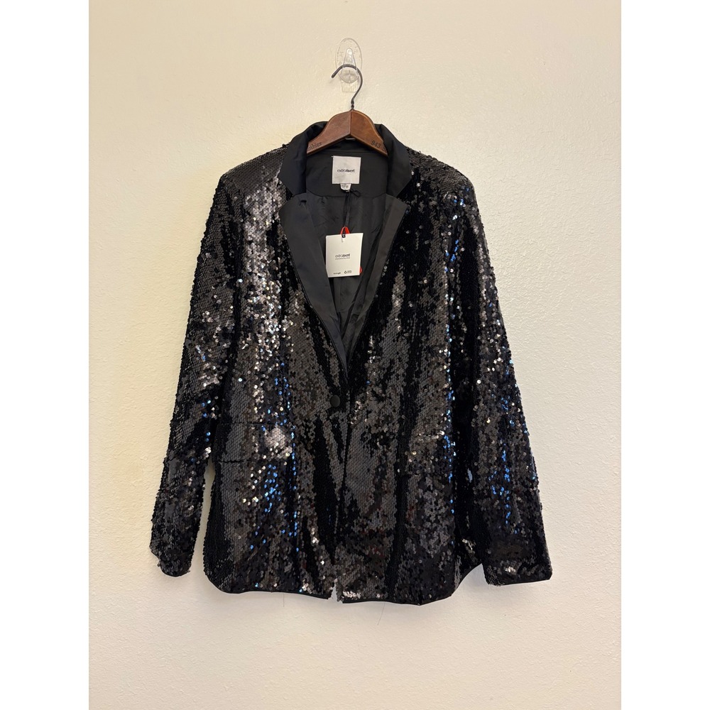 Extro & Vert Womens Black Sequin Blazer Jacket Satin Lapel Size XL NWT